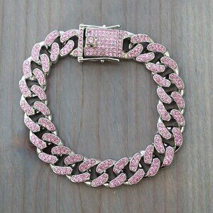 14mm 8inches Cuban Curb Diamond Chain Pink Silver Plated Bracelet with CZ Diamon